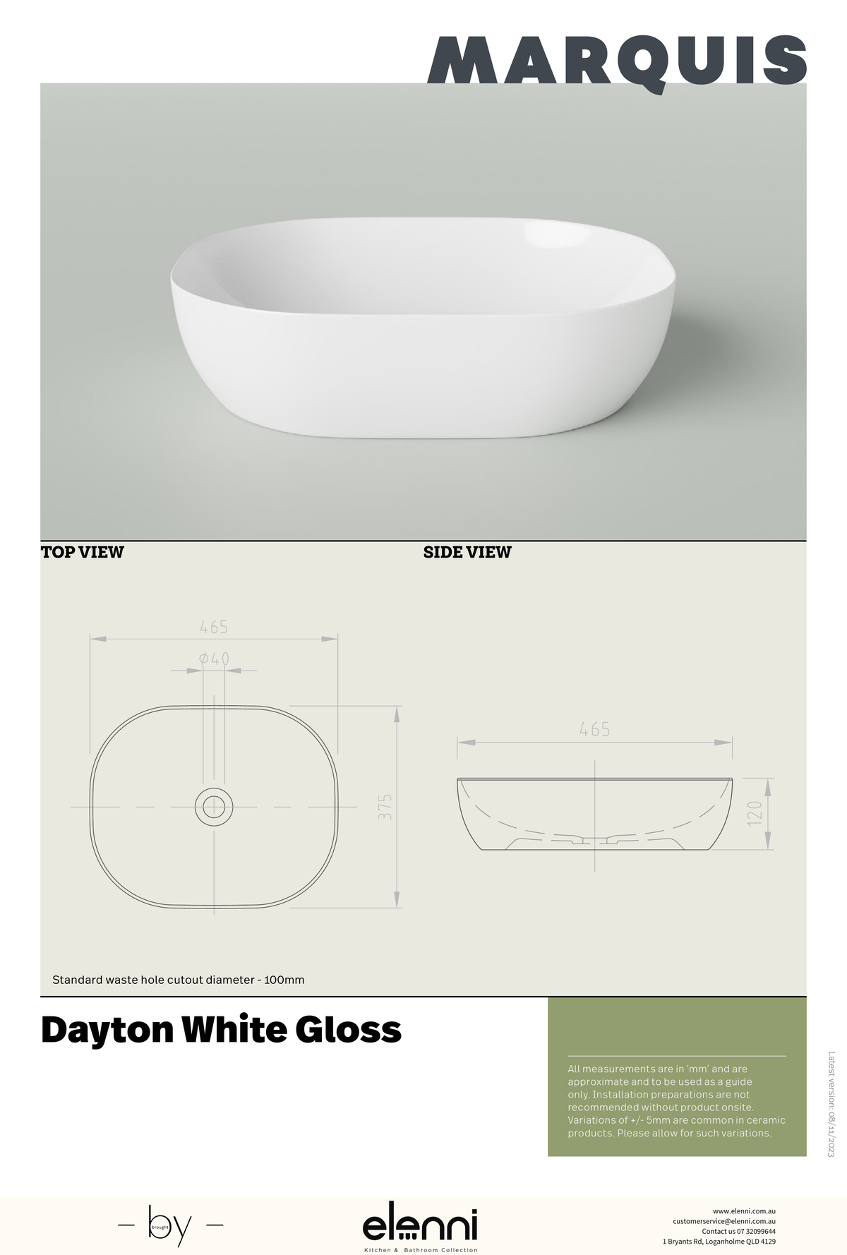 Marquis Dayton Basin - Elenni specification drawing
