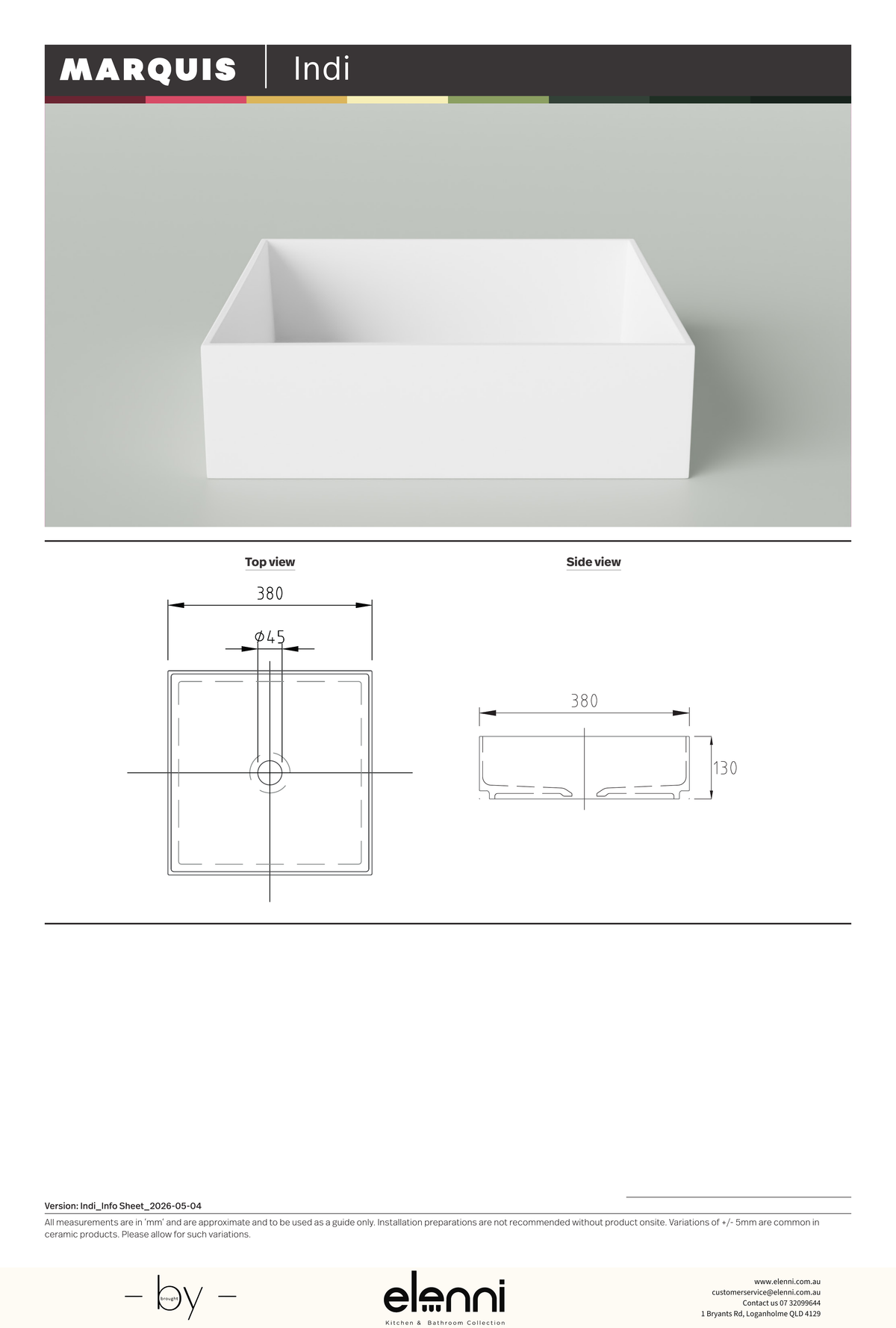 Marquis Indi Basin - Elenni specification drawing