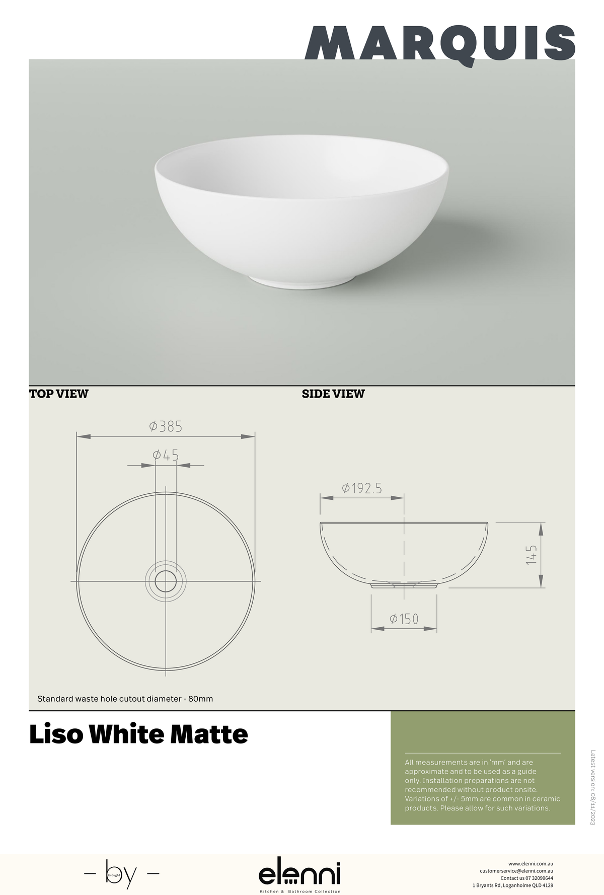Marquis Liso Basin - Elenni specification drawing