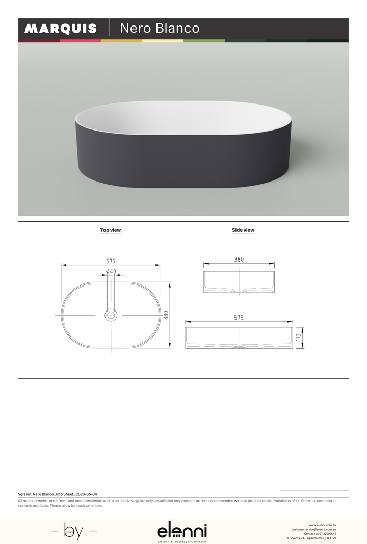 Marquis Nero Blanco Basin - Elenni specification drawing