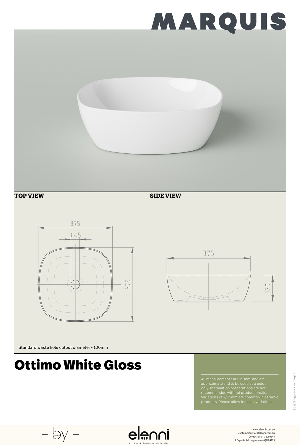 Marquis Ottimo Basin - Elenni specification drawing