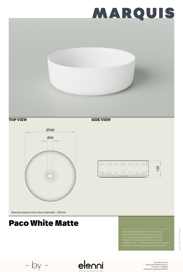 Marquis Paco Basin - Elenni specification drawing