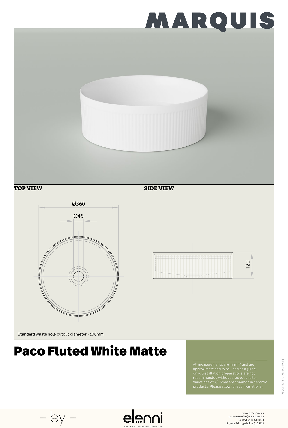 Marquis Paco Fluted Basin - Elenni specification drawing