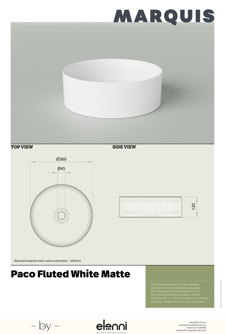 Marquis Paco Fluted Basin - Elenni specification drawing