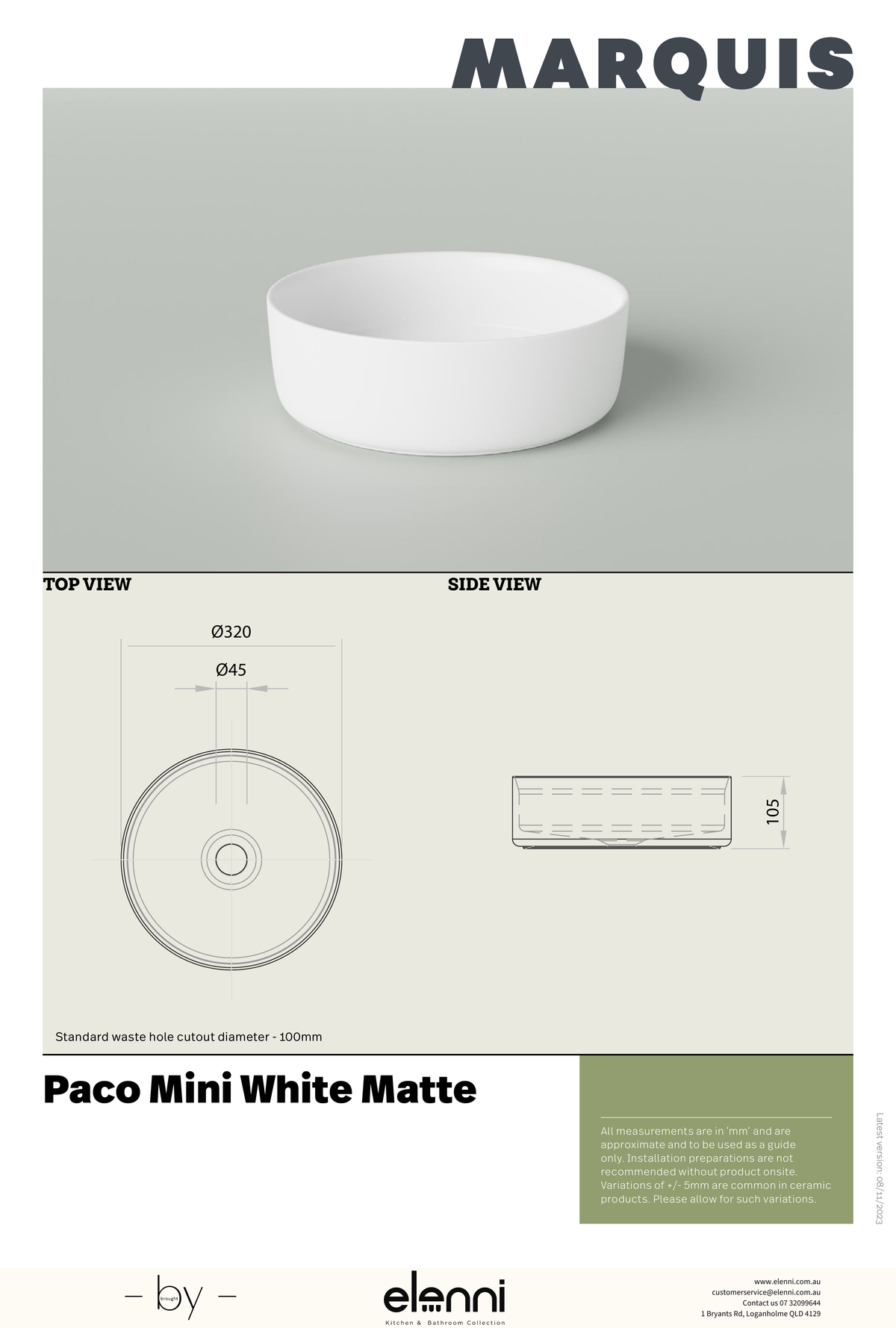 Marquis Paco Mini Basin - Elenni specification drawing