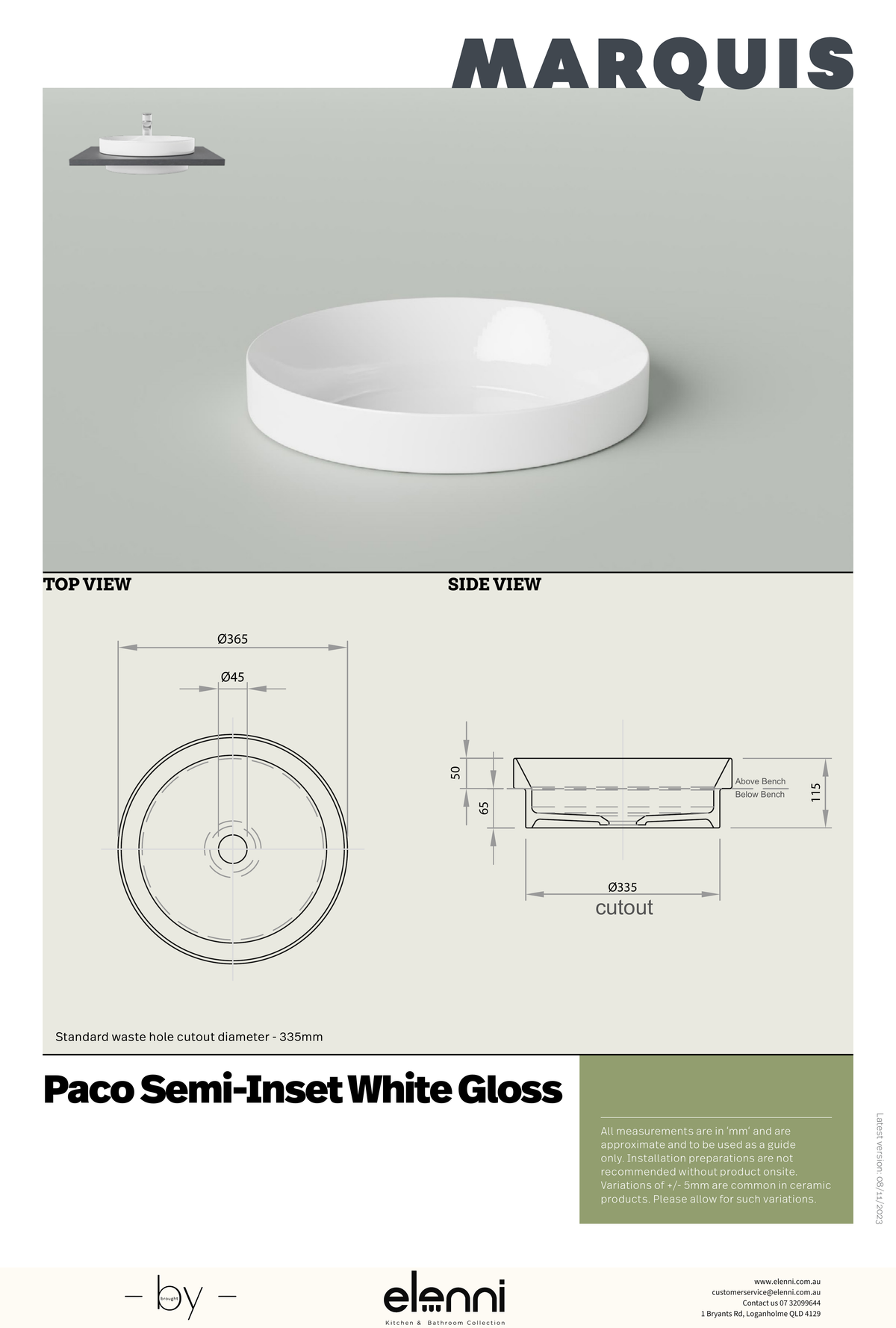 Marquis Paco Semi-Inset Basin - Elenni specification drawing