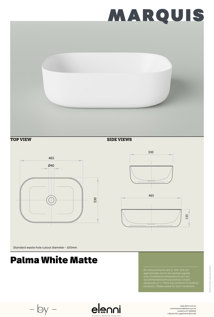 Marquis Palma Basin - Elenni specification drawing