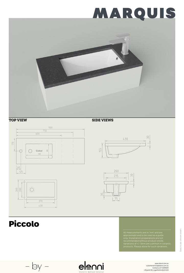 Marquis Piccolo Basin - Elenni specification drawing