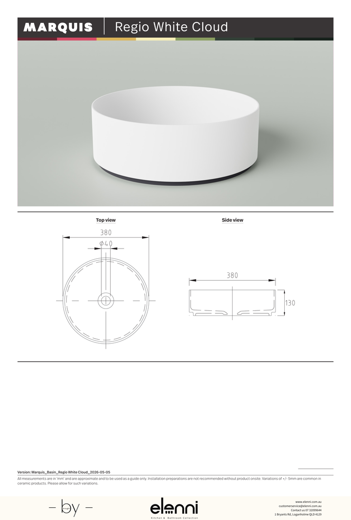 Marquis Regio White Cloud Basin - Elenni specification drawing