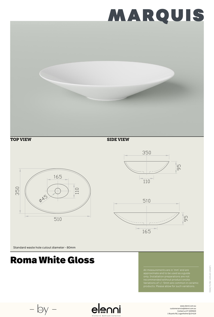 Marquis Roma Basin - Elenni specification drawing