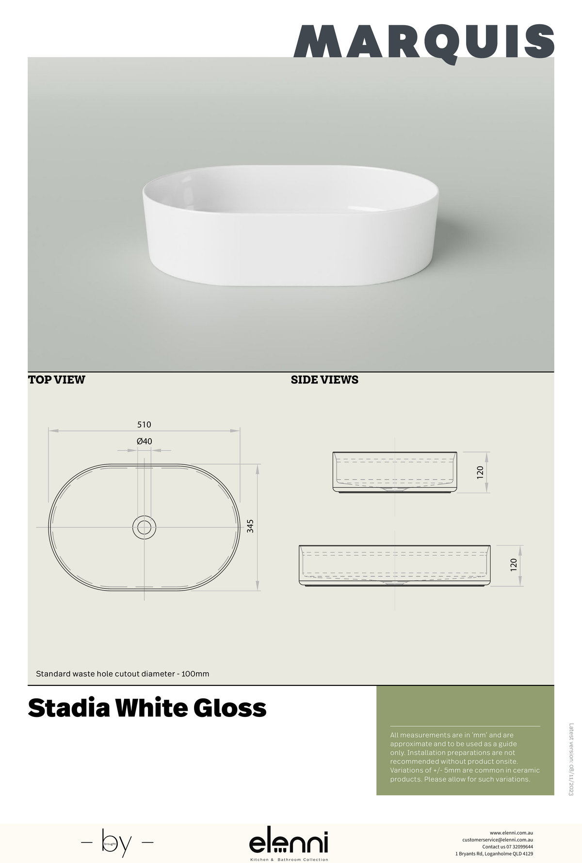 Marquis Stadia Basin - Elenni specification drawing