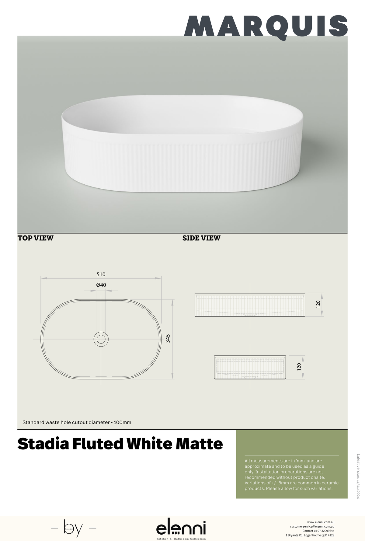Marquis Stadia Fluted Basin - Elenni specification drawing