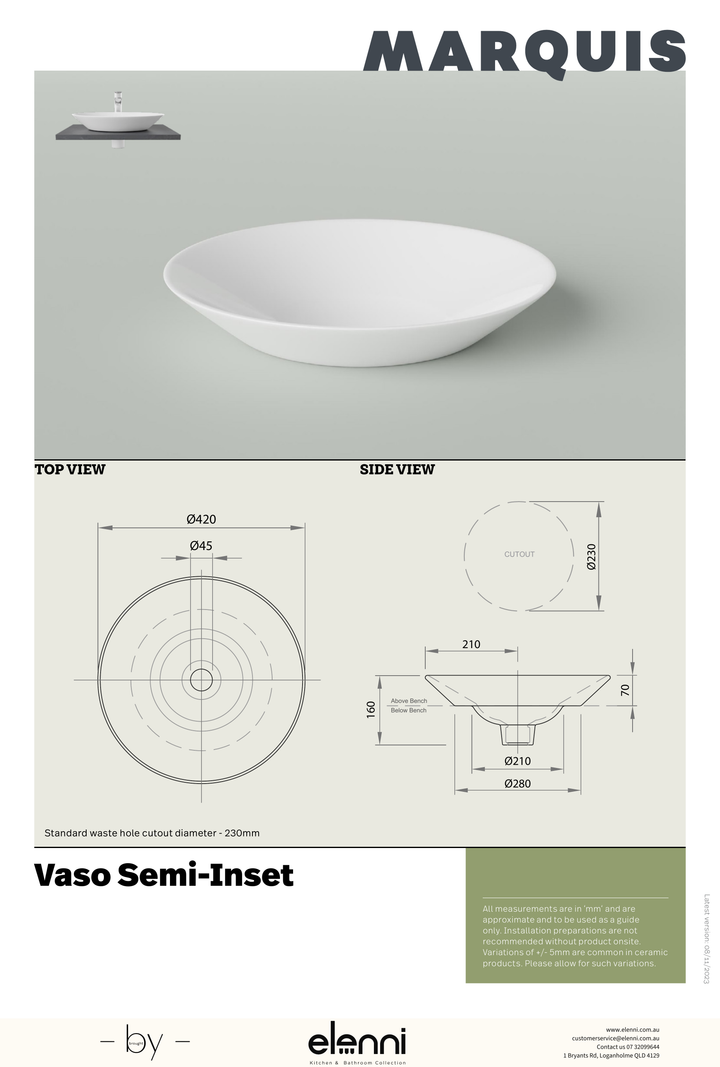 Marquis Vaso Semi-Inset Basin - Elenni specification drawing
