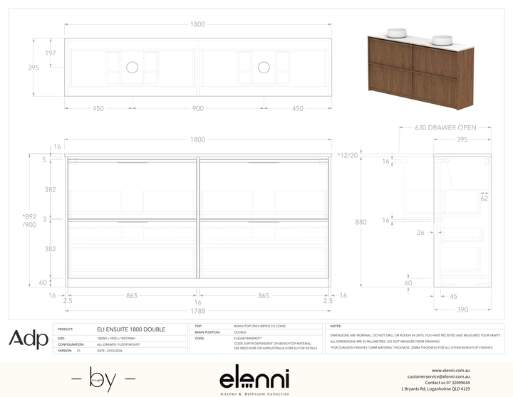 Eli Ensuite 1800 Floor Mount Double - Elenni specification drawing