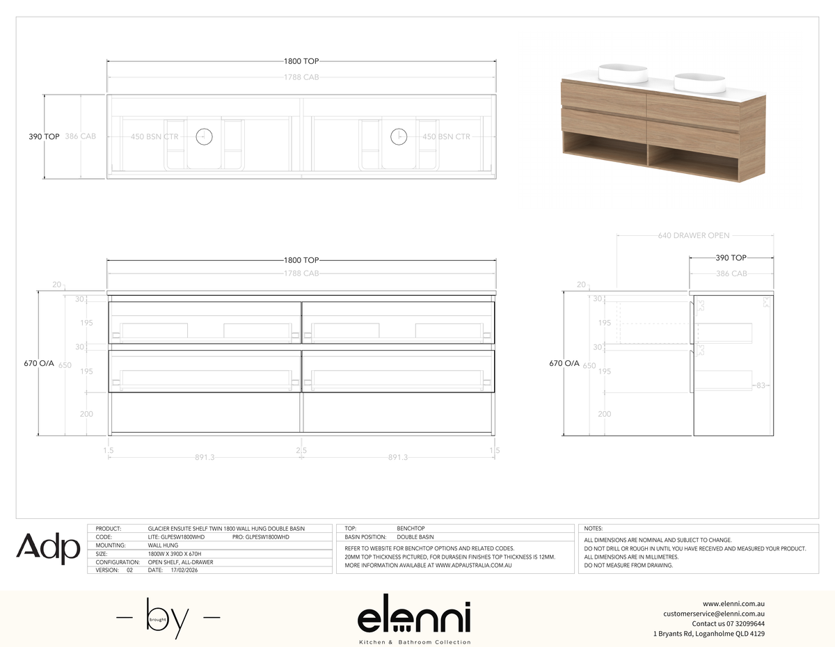 Glacier Ensuite, Shelf 1800 Twin WH, Benchtop Double Bowl - Elenni specification drawing