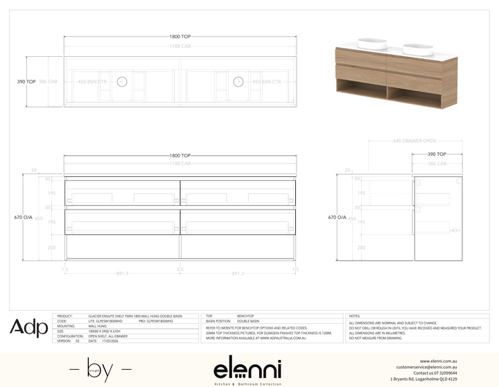 Glacier Ensuite, Shelf 1800 Twin WH, Benchtop Double Bowl - Elenni specification drawing