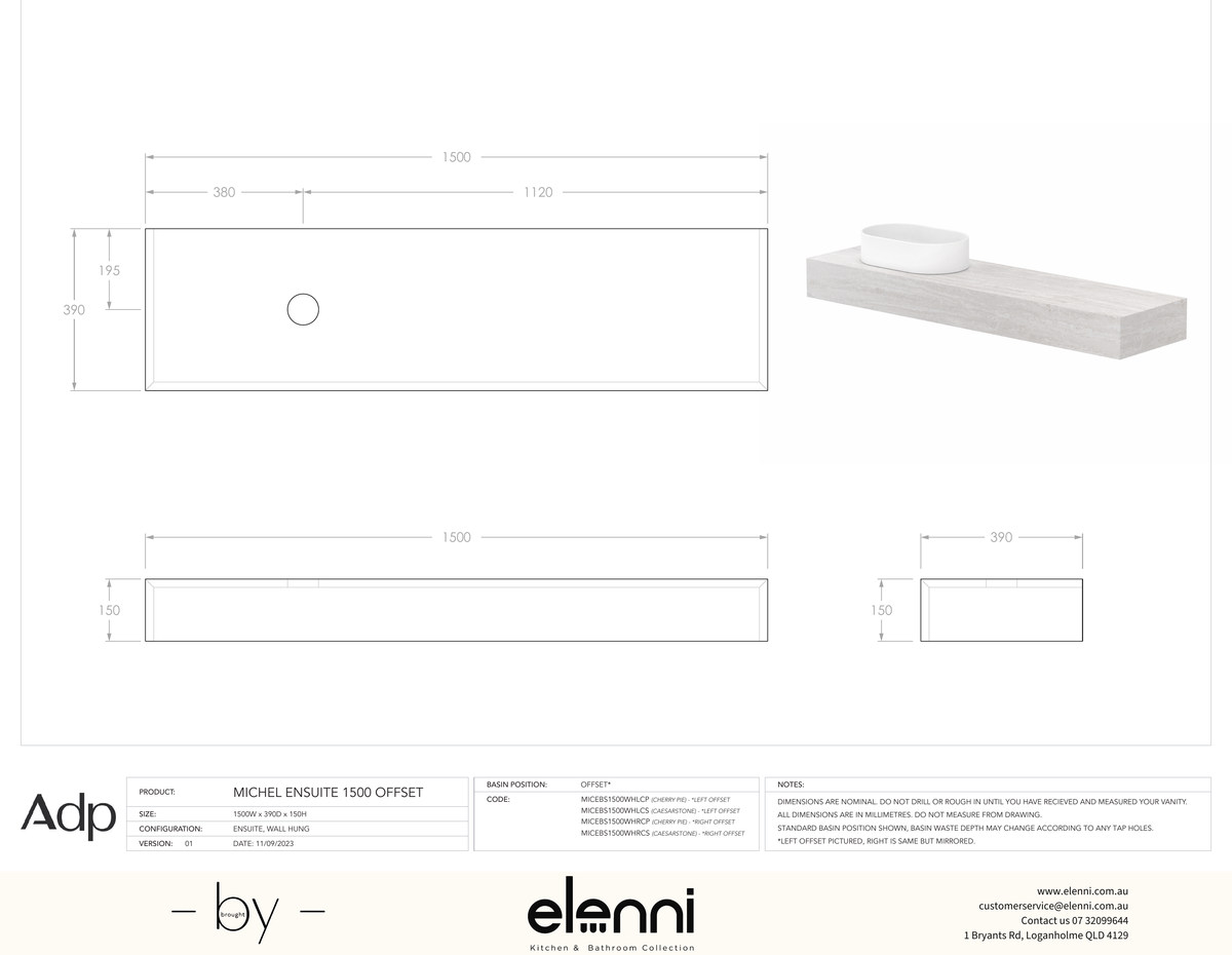Michel Ensuite 1500 Offset - Elenni specification drawing