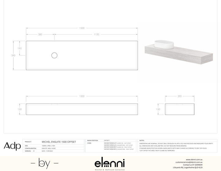 Michel Ensuite 1500 Offset, Elenni specification drawing