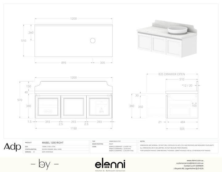 Mabel 1200 Wall Hung Right Offset, Elenni specification drawing