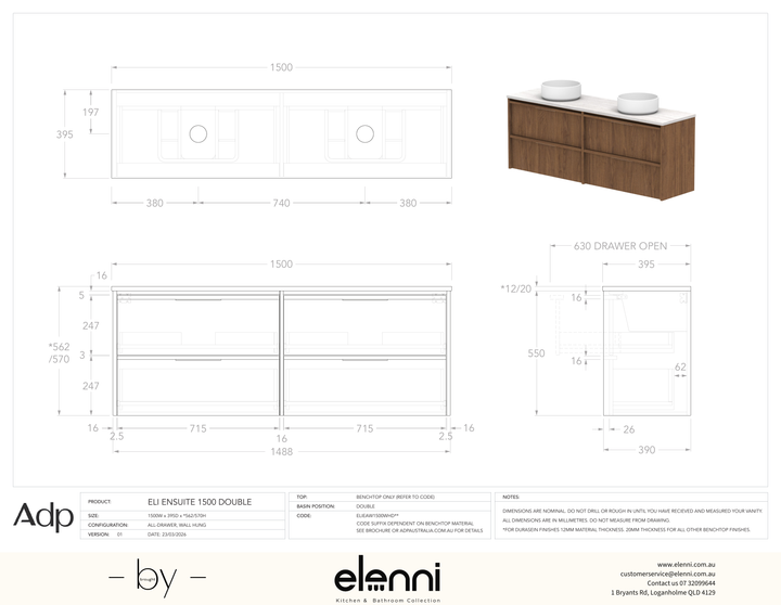Eli Ensuite 1500 Wall Hung Double, Elenni specification drawing