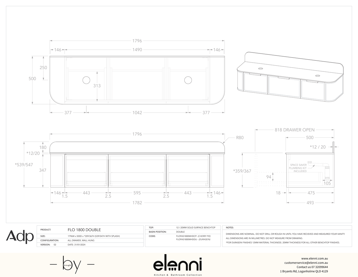Flo 1800 Double - Elenni specification drawing