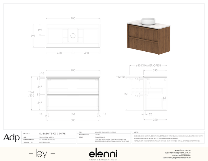 Eli Ensuite 900 Wall Hung Centre, Elenni specification drawing