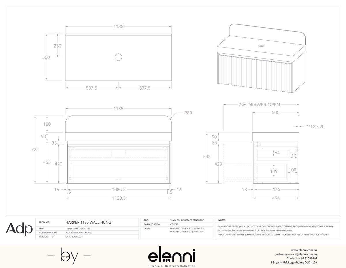 Harper 1135 Wall Hung Centre - Elenni specification drawing