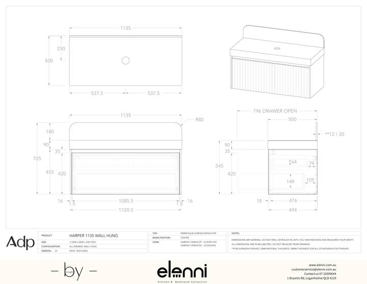Harper 1135 Wall Hung Centre, Elenni specification drawing