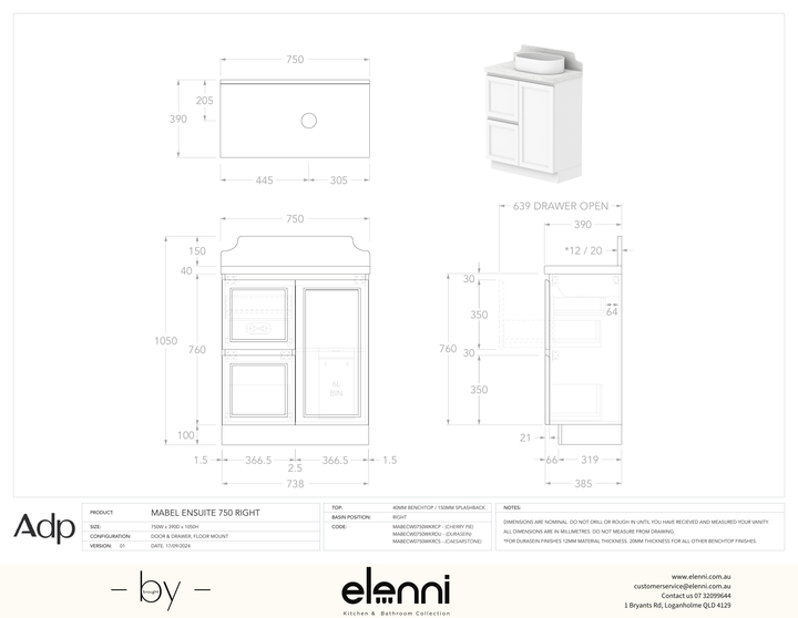 Mabel Ensuite 750 Floor Mount Right Offset, Elenni specification drawing