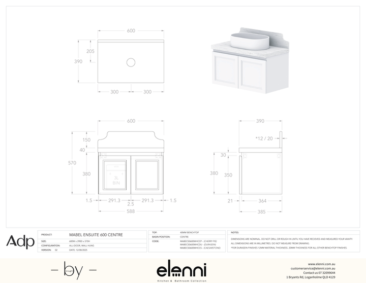 Mabel Ensuite 600 Wall Hung Centre, Elenni specification drawing