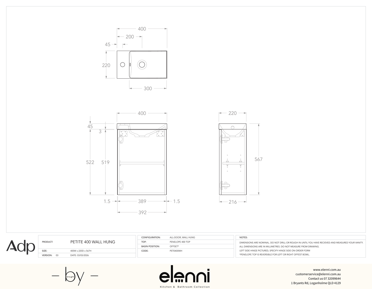 Petite 400 Wall Hung - Elenni specification drawing
