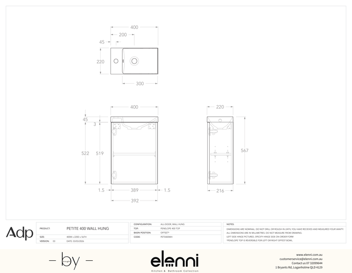 Petite 400 Wall Hung, Elenni specification drawing