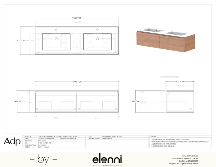 Glacier FD, All Drawer, 1500 Slim WH, Cast Marble Double Bowl - Elenni specification drawing