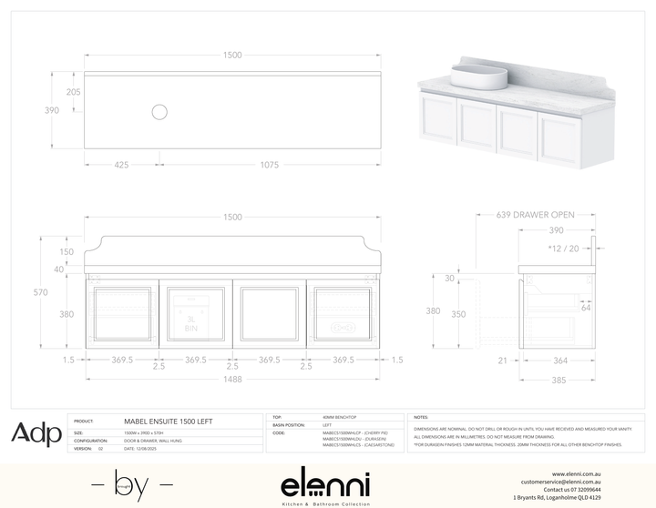Mabel Ensuite 1500 Wall Hung Left Offset, Elenni specification drawing
