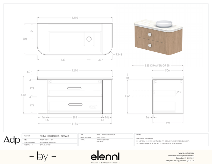 Thea 1200, Royale, Right Offset Bowl, Elenni specification drawing