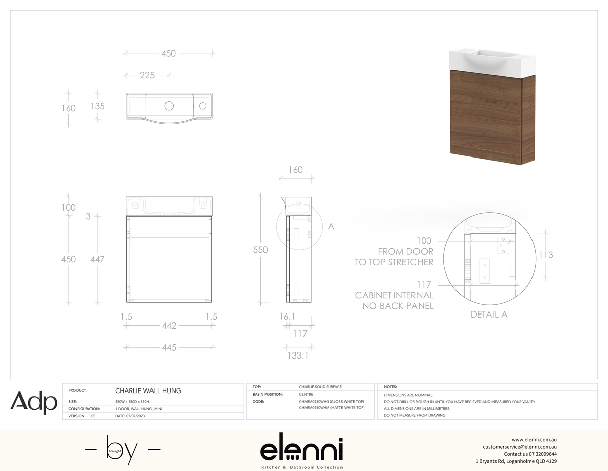 Charlie Wall Hung, Elenni specification drawing
