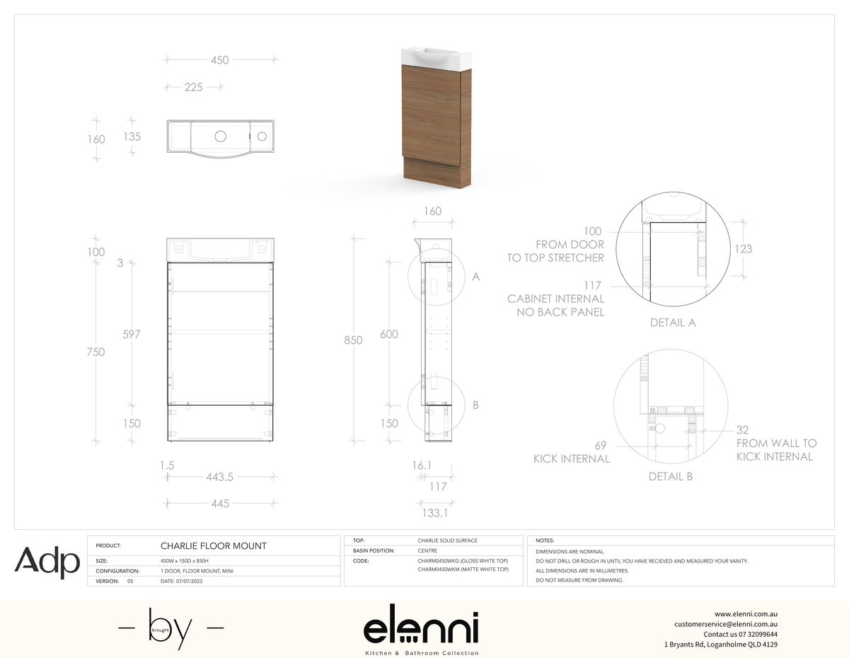 Charlie Floor Mount - Elenni specification drawing