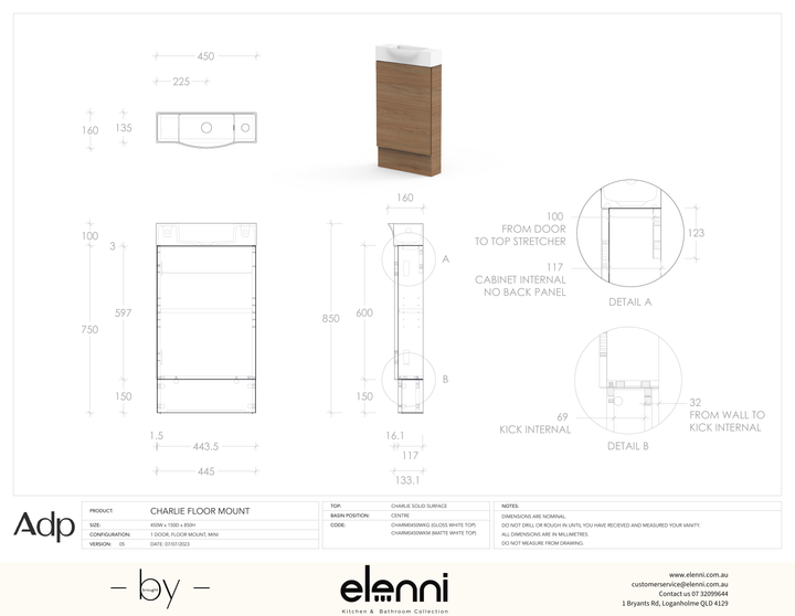 Charlie Floor Mount, Elenni specification drawing
