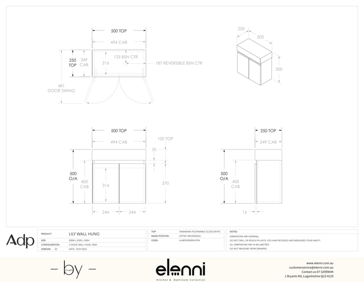 Lily Wall Hung, Elenni specification drawing