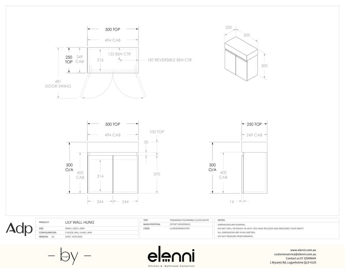 Lily Wall Hung, Elenni specification drawing