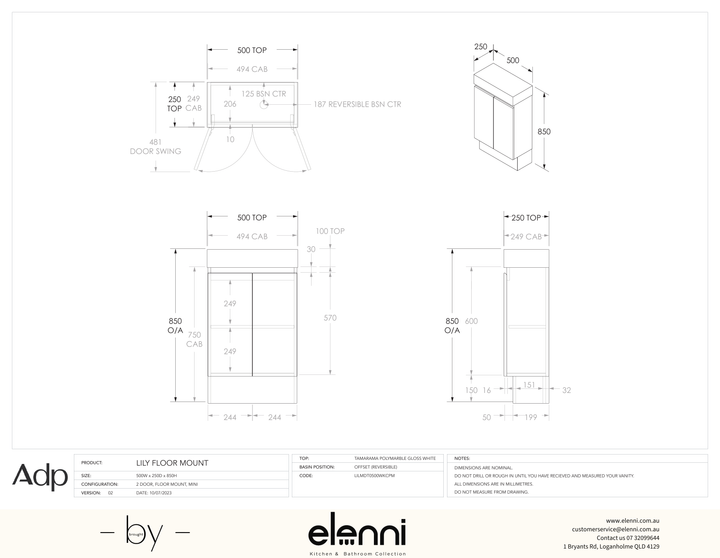 Lily Floor Mount, Elenni specification drawing