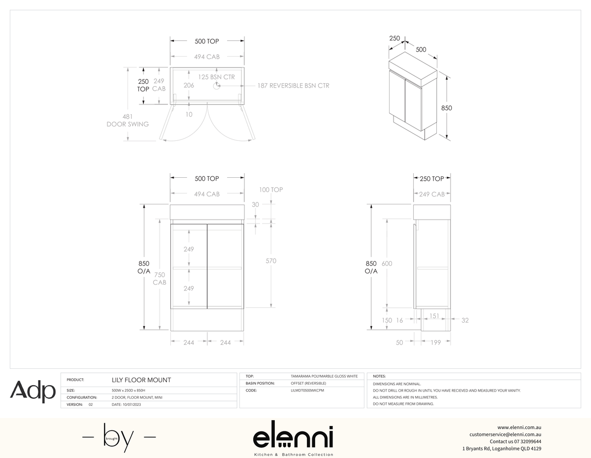 Lily Floor Mount, Elenni specification drawing