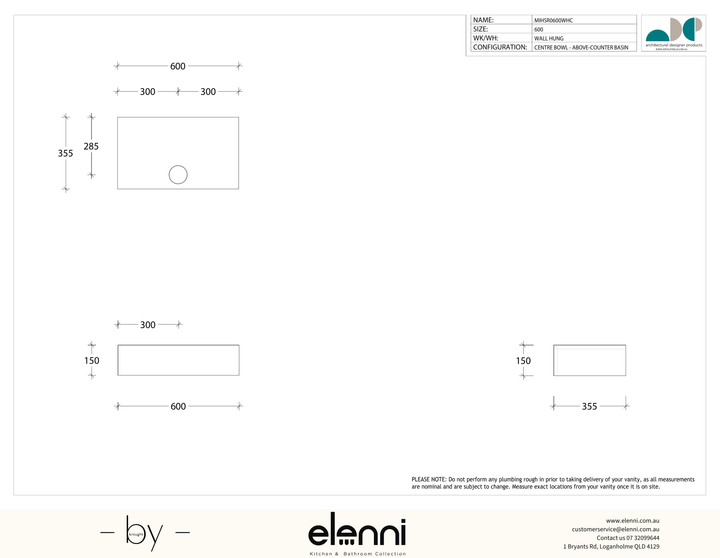 Michel Semi-Recessed 600, Elenni specification drawing
