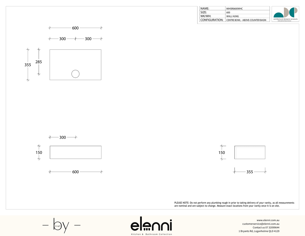 Michel Semi-Recessed 600, Elenni specification drawing