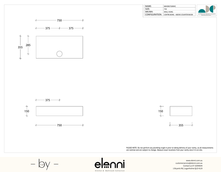 Michel Semi-Recessed 750 Centre, Elenni specification drawing