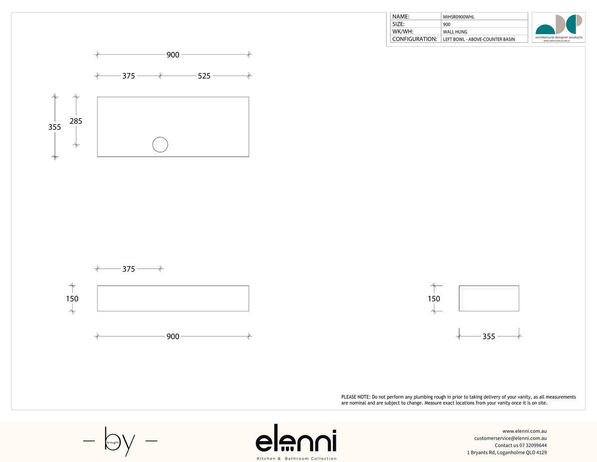 Michel Semi-Recessed 900 Offset, Elenni specification drawing