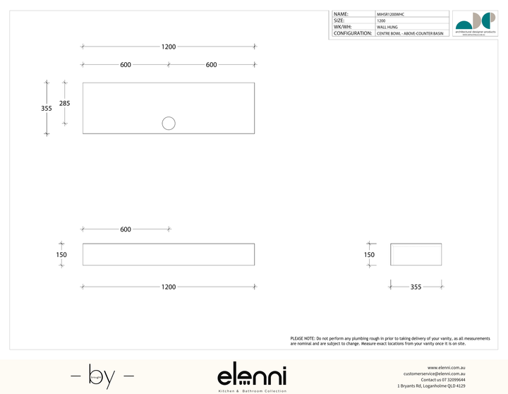 Michel Semi-Recessed 1200 Centre, Elenni specification drawing