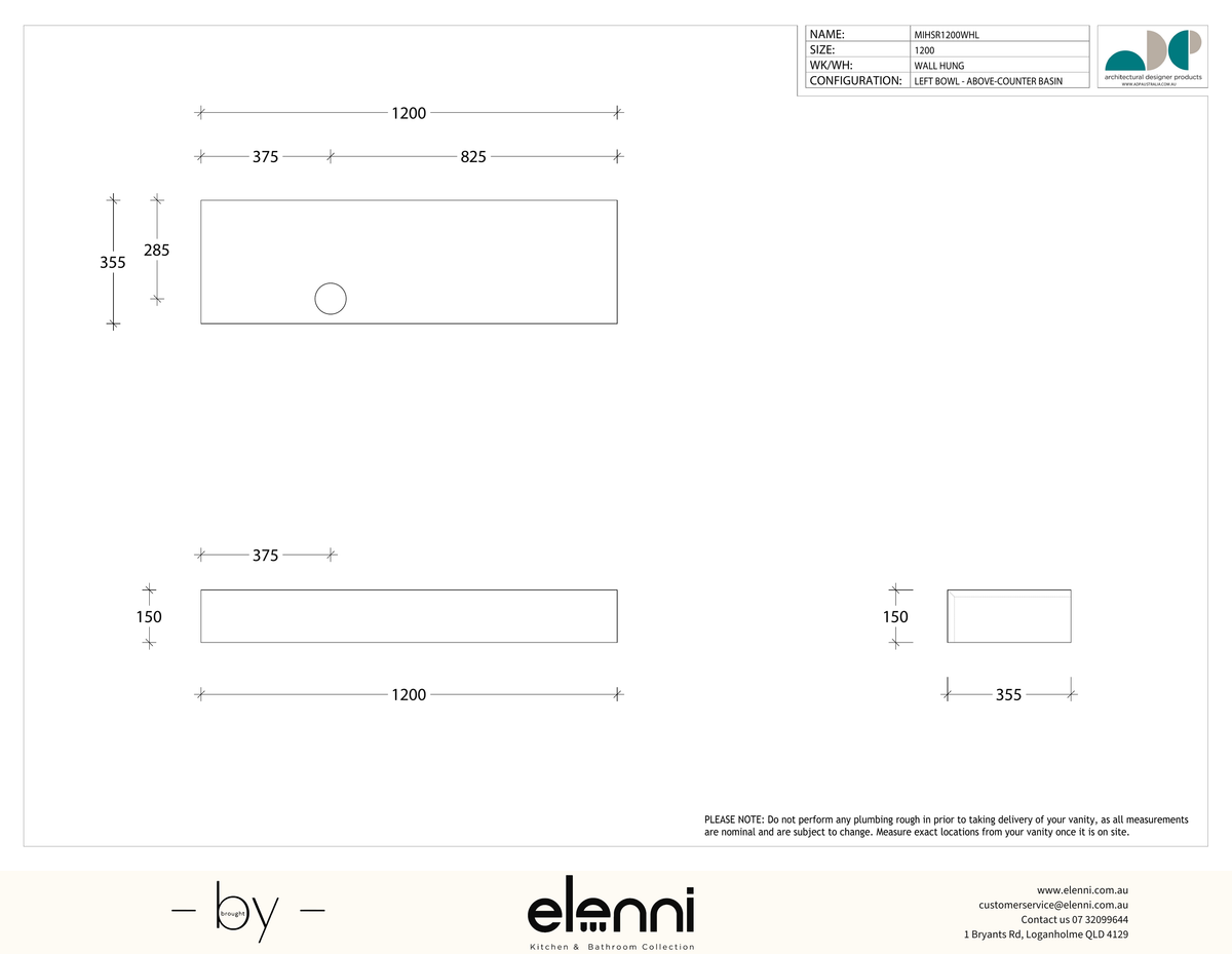 Michel Semi-Recessed 1200 Offset, Elenni specification drawing