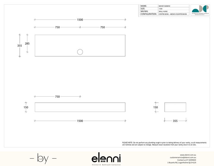 Michel Semi-Recessed 1500 Centre, Elenni specification drawing