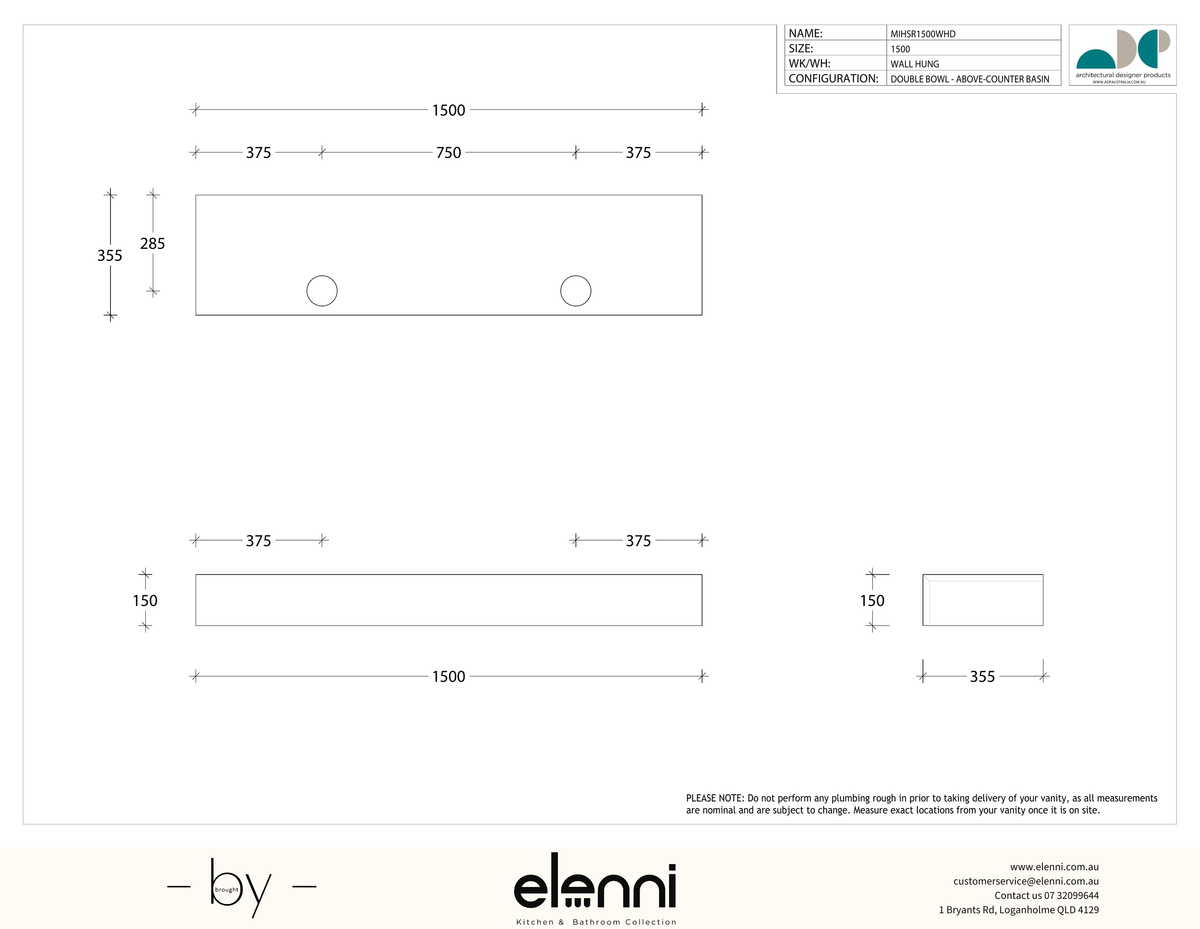 Michel Semi-Recessed 1500 Double, Elenni specification drawing